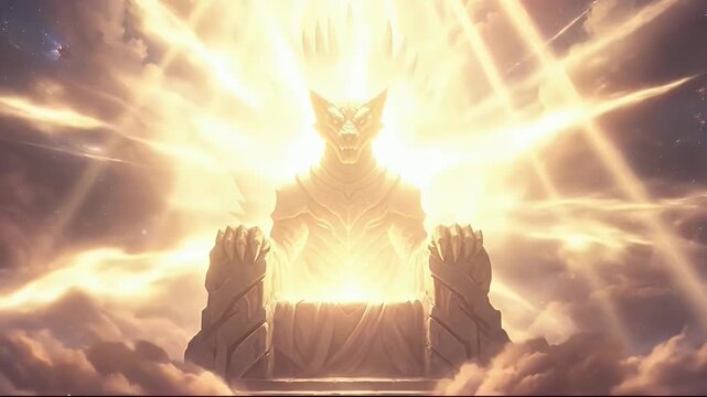 Majestic mythical wolf deity on a celestial throne surrounded by divine light and clouds