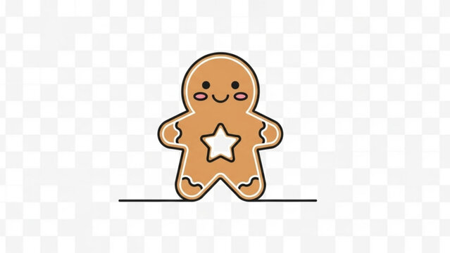 A cute stylized gingerbread man cookie with a star cutout in its belly and rosy cheeks standing on a simple black line against a transparent checkered background