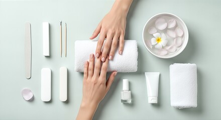 Spa Manicure Treatment with White Towels and Flowers.