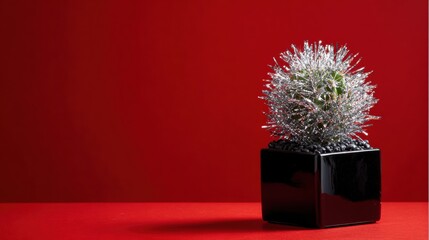 Festive cactus plant in a glossy black pot against a vivid red backdrop. 