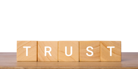 Wooden blocks with word trust for relationship and business concept, isolated on transparent background