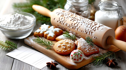 Whimsical Christmas cookie baking scene with decorated treats, rolling pin, flour, and festive pine sprigs creating holiday magic