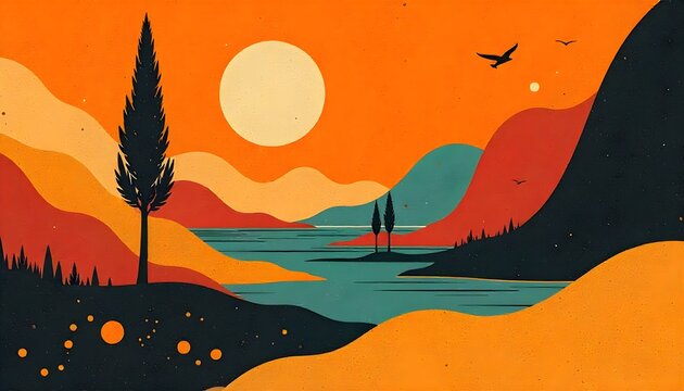 Stunning retro landscape with soaring birds, vibrant colors, and peaceful lake views at sunset
