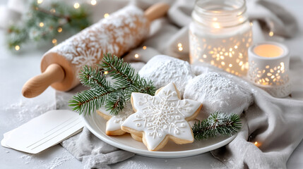 Delightful Christmas star cookies dusted with powdered sugar, ready for festive baking with a vintage rolling pin and warm glowing lights