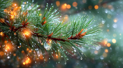 Sparkling dew drops cling to vibrant pine needles with warm, blurred bokeh lights creating a magical, serene winter atmosphere