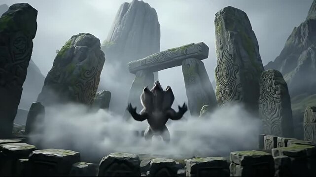 Mythical three headed beast growling in a foggy rocky landscape with glowing eyes