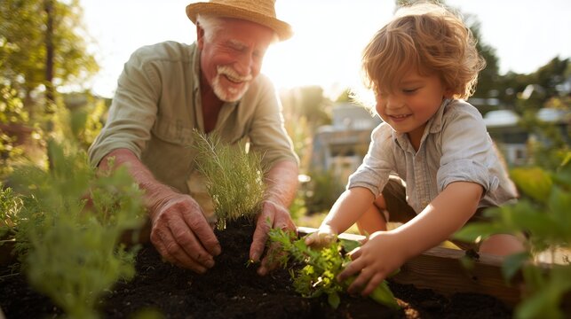 Joyful moments shared in a garden between a grandfather and his young grandson