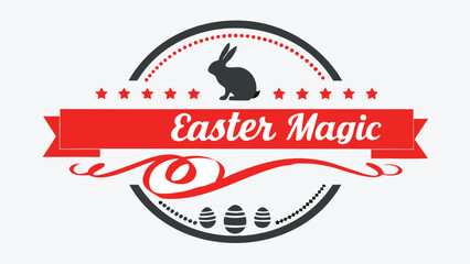 Easter magic graphic emblem with a silhouette of a rabbit decorative ribbon stars and easter eggs perfect for holiday celebrations and designs