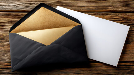 Elegant black envelope with luxurious gold lining and blank white card on rustic wood background, perfect for premium invitations and announcements.