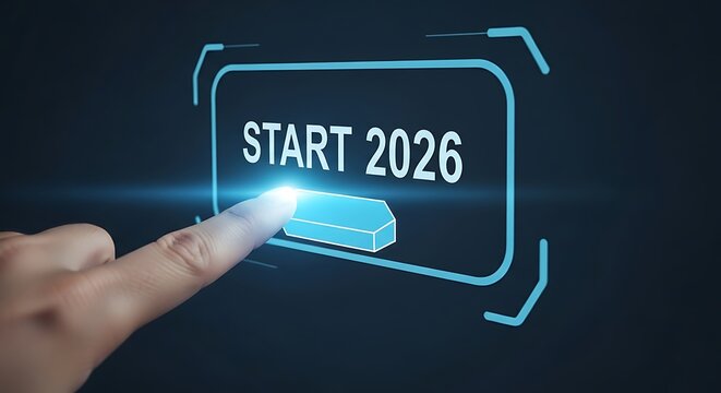 Finger Presses Start 2026 Button on Dark Blue Screen