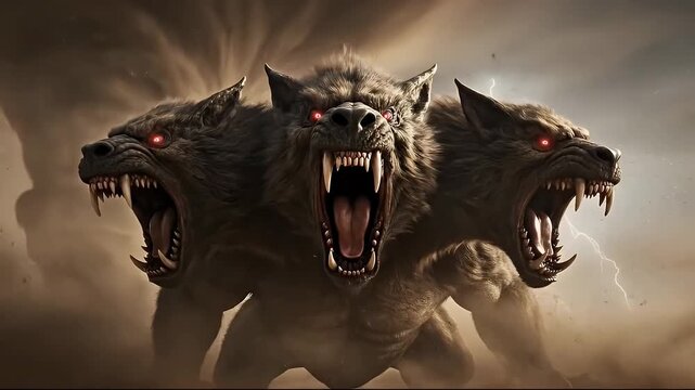 Mythical three headed beast roaring in a dramatic desert storm with lightning