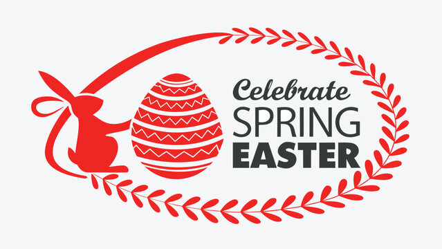 Festive red easter bunny and patterned egg framed by a laurel wreath with the words celebrate spring easter in bold text