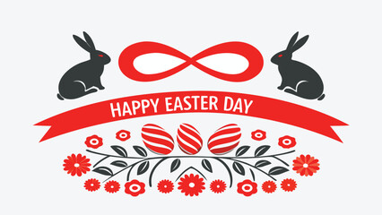Happy easter day greeting with cute bunnies decorative eggs floral elements and a festive ribbon banner against a clean white background