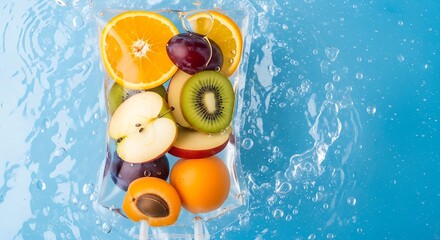 Fruit Slices in I V Drip Bag on Blue Background with Water Splashes