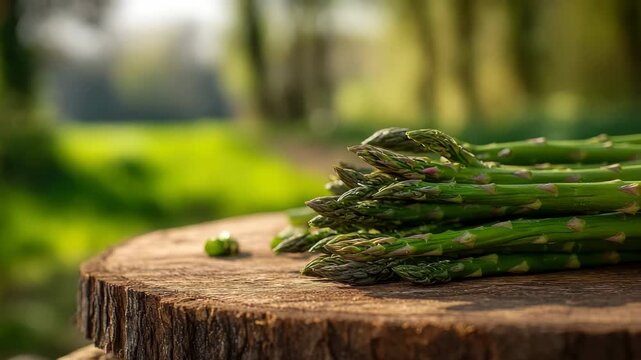 Bunch of freshly harvested green asparagus tied with twine on a garden stump