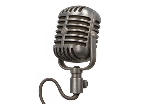 Studio microphone presenting retro design, capturing audio for broadcast, radio, and recording, standing on a transparent background - Powered by Adobe