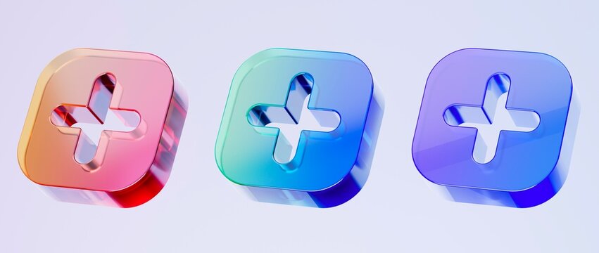 Set of 3D plus icons, Colorful gradient glass like icon, glass holographic icon, minimal crystal clear, ideal for graphic design, UI UX interfaces, 3d render illustration.