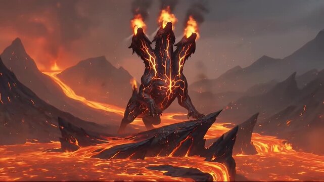 Mythical three headed beast in a volcanic underworld landscape with flowing lava illustration