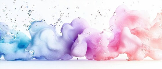 An abstract image featuring colorful fluid forms with water droplets, creating a dynamic and artistic composition against a clean white backdrop, illuminated by