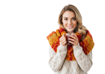 Content young caucasian woman in a cozy sweater and colorful scarf holding a hot tea mug against a white background. Concept of warmth coziness and well-being