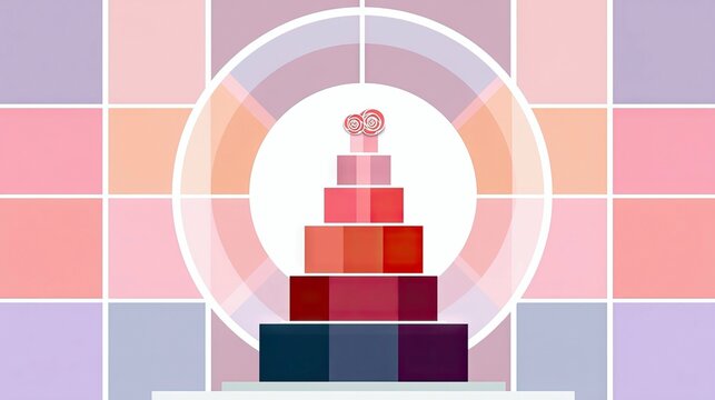 An abstract illustration of a cake with a lollipop on top, set against a colorful grid and a circular design.