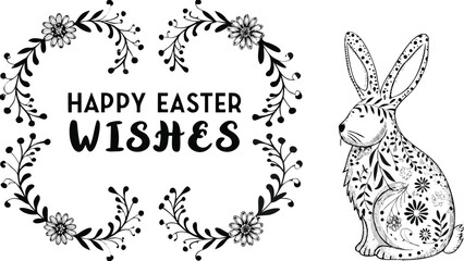 Happy easter wishes text surrounded by floral branches and a decorative easter bunny illustration in black and white