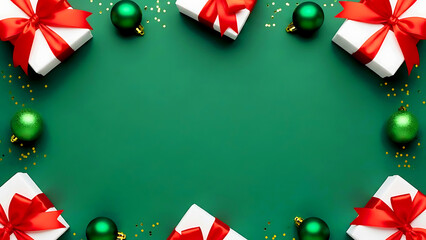 Festive green background featuring decorative gift boxes, red ribbons, and holiday ornaments arranged around the frame. Suitable for seasonal promotions, cards, and creative Christmas designs.