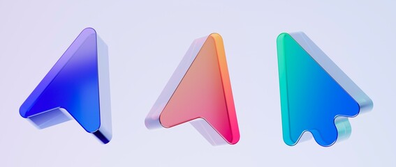 Plakat Set of 3D arrow icons, Colorful gradient glass like icon, glass holographic icon, minimal crystal clear, ideal for graphic design, UI UX interfaces, 3d render illustration.