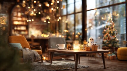 Warm and cozy winter scene with holiday decorations and snowman in a welcoming room