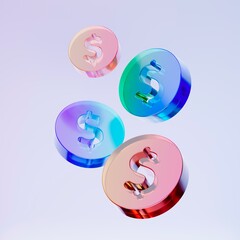3D falling dollar coin icons, Colorful gradient glass like icon, glass holographic icon, minimal crystal clear, ideal for graphic design, UI UX interfaces, 3d render illustration.