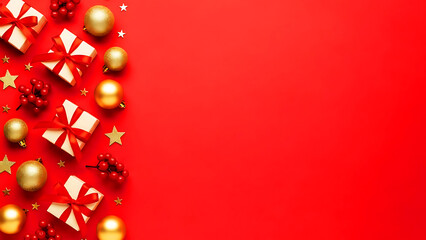 Vibrant red festive background decorated with gift boxes, golden ornaments, and sparkling holiday decorations.
