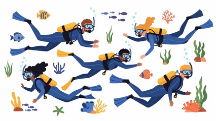 A diverse group of cartoon characters in wetsuits scuba diving underwater among fish, corals, and seaweed