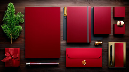 Elegant red stationery flat lay with festive pine branch and gift box, perfect for holiday branding and professional correspondence