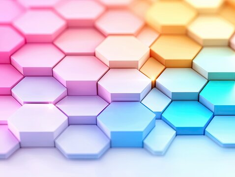 Close-up of a 3D rendered abstract design with colorful hexagonal shapes arranged in a pattern, creating a gradient effect.