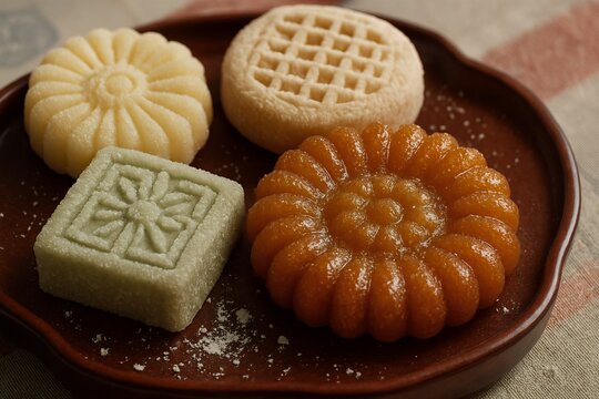 Macro detail of patterned hangwa on a lacquer tray&mdash;delicate textures and powdered finish highlight craftsmanship and heritage