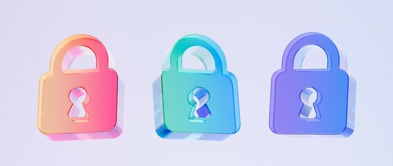Set of 3D padlock icons featuring colorful gradient tones and smooth glass-like finish, ideal for graphic design, UI/UX interfaces, presentations, and modern backgrounds, 3d render illustration
