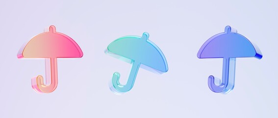 Set of 3D umbrella icons, colorful gradient glass like icon, ideal for graphic design, UI/UX interfaces, presentations, and modern backgrounds, 3d render illustration.
