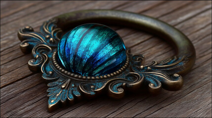 Exquisite antique bronze ornate handle with vibrant teal blue glass jewel, showcasing intricate filigree detail on rustic wood background