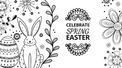 Celebrate spring easter with a cute bunny and decorated egg surrounded by floral elements and whimsical doodles in a simple black and white line art style