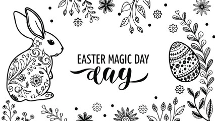 Whimsical black and white illustration for easter featuring a decorative bunny a patterned egg and floral elements with the text easter magic day