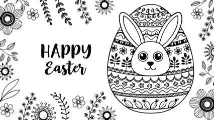 Happy easter greeting card with a cute bunny inside a decorative egg surrounded by floral elements and leaves in a hand drawn doodle style