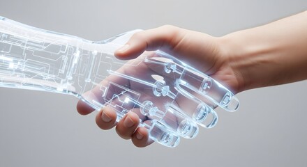 Human hand shaking hands with a futuristic digital transparent robotic hand against a neutral background representing artificial intelligence and partnership.