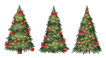 A set of three watercolor christmas fir trees decorated with red baubles, bows, and glowing lights on a white background. Festive holiday design concept