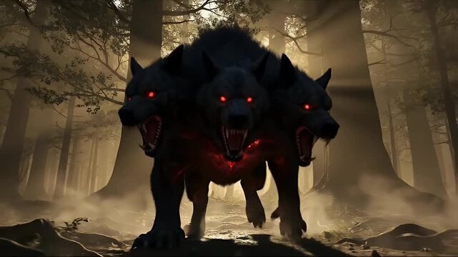 Mythical three headed beast with glowing red eyes stalking in a dark eerie forest