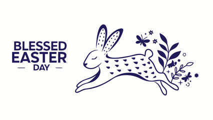 Happy easter day greeting with a whimsical jumping bunny surrounded by floral elements and butterflies in a simple navy blue line art style on a white background