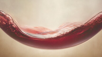 A rich red liquid flows elegantly, showing exquisite details and bubbles that reflect light. The textures and colors create a mesmerizing visual experience, evoking a sense of fluidity and depth