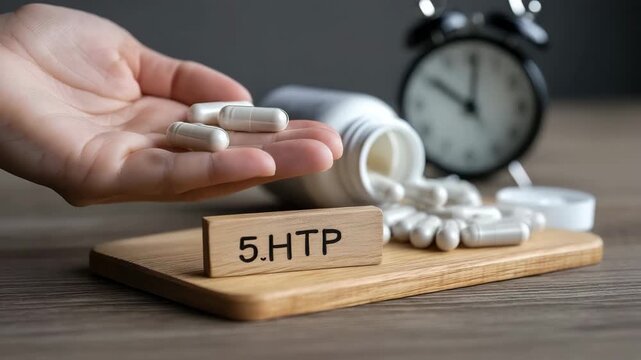 5-HTP Capsules, Wooden Sign, and Alarm Clock: Sleep and Mood Enhancement Concept.