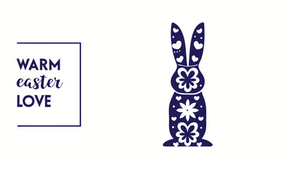 A charming navy blue silhouette of a decorative easter bunny adorned with floral and heart patterns paired with the text warm easter love perfect for spring celebrations and greetings