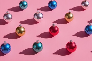 Colorful holiday spheres with shadows, arranged on a light pink background.