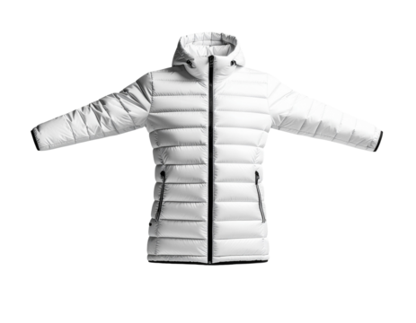 A white puffer jacket with a hood and zipper closure designed for cold weather protection